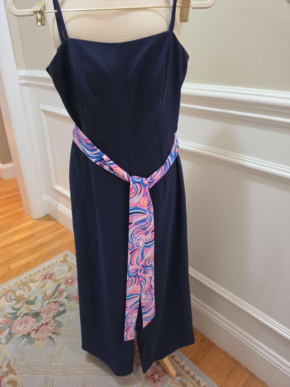 Lilly Pulitzer Navy Wide-Leg Jumpsuit with Pink-Blue Swirl Sash